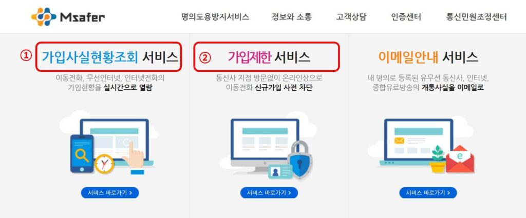 msafer 명의도용 방지 서비스 메인 화면