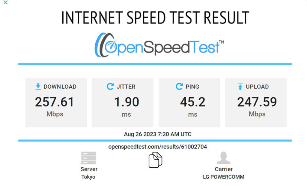 OpenSpeedTest 사이트 인터넷 속도 측정 결과 사진