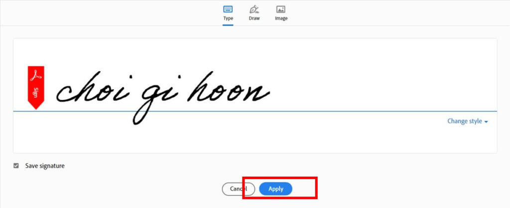 PDF 문서 서명하는 방법 3 - 필기체 사인하는 사진